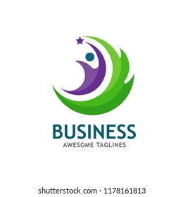 green leaf ecology and abstract human figure as fitness health vector logo concept