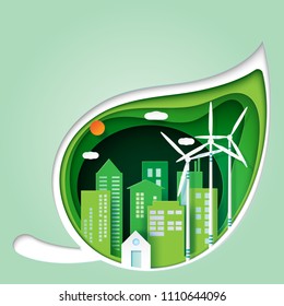 Green leaf and ecology concept paper cut background.Eco friendly urban city and environment conservation.Vector illustration.