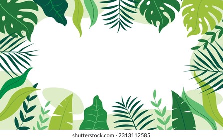 green leaf ecology earth day banner background. Fresh rainforest tropical plants frame background. monstera and palm tree copy space. vector illustration flat design.