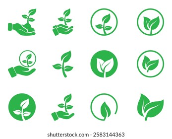 Green leaf ecology nature element vector icon set. Collection green leaf. Elements design for natural, eco, vegan, bio labels. Leaves icon on isolated background.