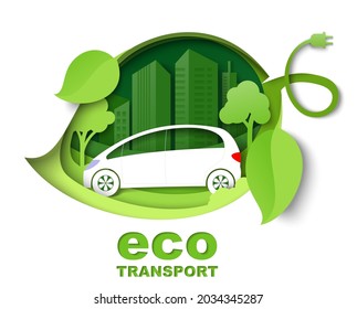 Green leaf with electric car, city building silhouettes, vector illustration in paper art style. Eco friendly city, eco transport concept.