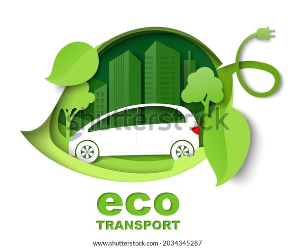 Green leaf with electric car, city building\
silhouettes, vector illustration in paper art style. Eco friendly\
city, eco transport\
concept.