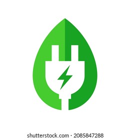 Green leaf with electric plug icon, Renewable power and clean energy, Eco friendly charging symbol, Vector illustration
