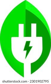 Green leaf with electric plug icon. Renewable power and clean energy. Eco friendly charging symbol. Replaceable vector design. Vector illustration.