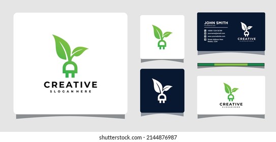 Green Leaf Electric Plug Logo Template With Business Card Design Inspiration