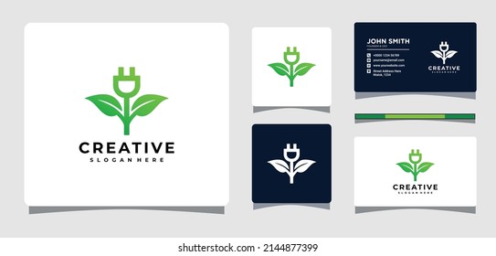 Green Leaf Electric Plug Logo Template With Business Card Design Inspiration