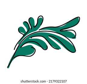 Green leaf element in line art style. Botanical illustration isolated on white background. Decorative leaf for print or postcards.