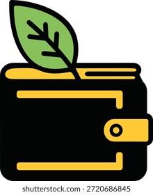 A green leaf emerges from a black and yellow wallet symbolizing eco friendly finance