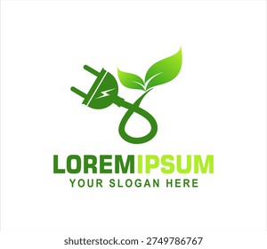 Green leaf energy logo vector design with plug and leaves eco friendly