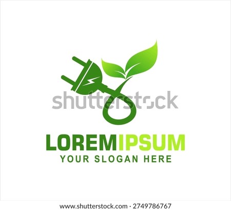 Green leaf energy logo vector design with plug and leaves eco friendly