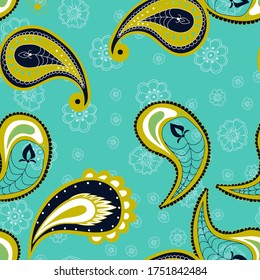 Green Leaf Ethnic Vector Seamless Pattern. Damask Ornament Wallpaper. Flower Indian Background. Green and Blue Abstract Tile.
