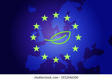 Green Leaf And EU Map And Flag Background. Vector Ecology Concept