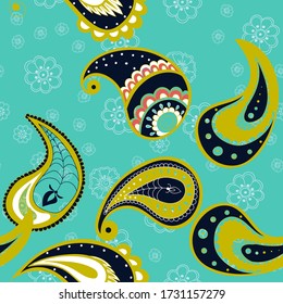 Green Leaf Fabric Vector Seamless Pattern. Persian Ornament Texture. Paisley Elegant Wallpaper. Blue Abstract Design.
