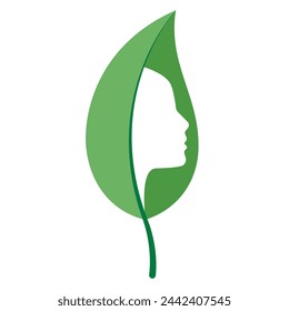 Hoja verde con cara. Icono de empresa de negocios respetuoso del medio ambiente. Diseño ecológico. Símbolo natural. Signo de bio. Plantilla de vector de diseño verde. Elemento de la naturaleza de la ecología para la medicina, moda, belleza