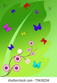 Green leaf, flowers and butterflies