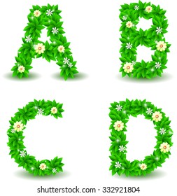 green leaf and flowers font vector set, A B C D font, Environmental alphabet