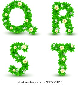 green leaf and flowers font vector set, Q R S T font, Environmental alphabet