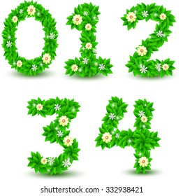 green Leaf flowers font vector design, font Number 0 1 2 3 4, Environmental alphabet