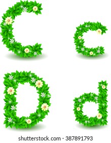green leaf and flowers small font vector set, C and d font, Environmental alphabet