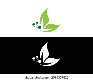 Green Leaf And Formed Butterfly Logo Design Vector Template.