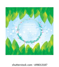 Green leaf frame Bright blue background Space