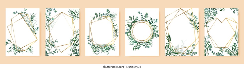 Green leaf frames. Spring wedding invitations, floral branches gold geometric borders. Elegant floral frames vector isolated symbols set. Poster and banner with bouquet frame floral illustration