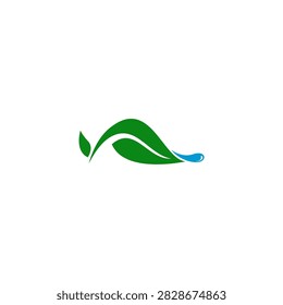 Green leaf with fresh dew drops in flat style Vector illustration. Dew Morning Logo