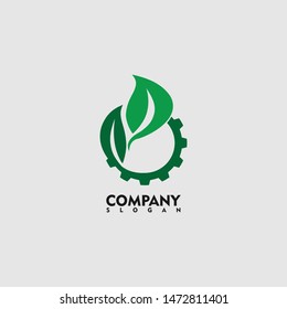 Green leaf with gear cogs. Vector logo design template. Abstract concept for ecology theme, green eco energy, technology and industry.