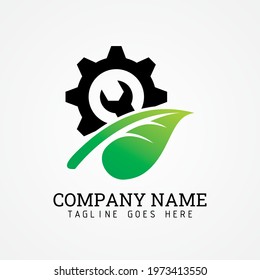 Green leaf and gear for eco friendly maintenance work service logo.