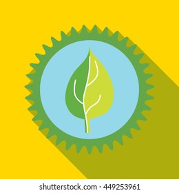 Green leaf in a gear icon in flat style on a yellow background