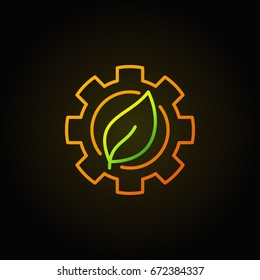Green leaf in gear icon or symbol in thin line style on dark background