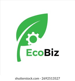 Uma folha verde com uma engrenagem no interior, simbolizando negócios eco-friendly e sustentabilidade, isolado no fundo branco.