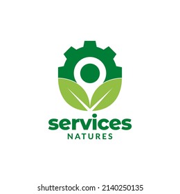 green leaf with gear point logo design, vector graphic symbol icon illustration creative idea