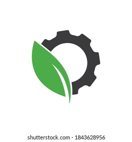 Green leaf with gear vector logo design. Mechanic and eco symbol or icon.