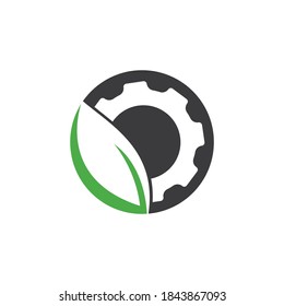 Green leaf with gear vector logo design. Mechanic and eco symbol or icon.