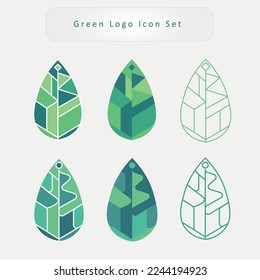 conjunto de iconos geométricos de hoja verde rellenado y logotipo de contornos