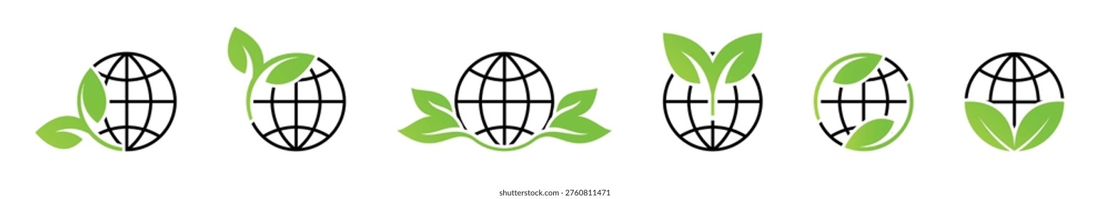 Green leaf and globe icons for environmental themes, botanical illustration with eco-friendly style