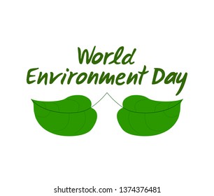 Green leaf with hand drawn lettering of World Environment Day. Vector illustration.