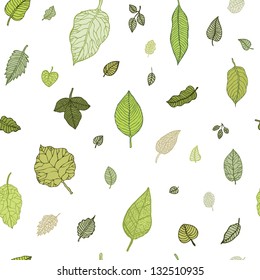 Green leaf. Hand drawn seamless pattern. Vector background.