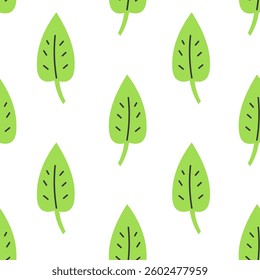Green Leaf Hand Drawn Seamless Pattern. Minimal Abstract Nature Background with leaves. Foliage flat style repeat vector illustration. Ecology Environment Eco Friendly design