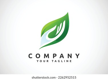 Green leaf hand logo design. Natural eco friendly symbol vector. Organic icon, Growth concept
