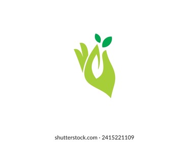 green leaf and hand logo design, environmental care, organic, nature icon symbol design