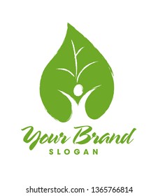 Green leaf and healthy human icon or symbol logo. Save the world- vector
