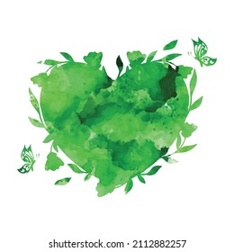 Green leaf heart and butterfly watercolor vector