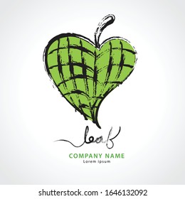 Green leaf heart hand drawn logo vector illustration, Natural, organic food, bio, eco, spa, Paintbrush stroke