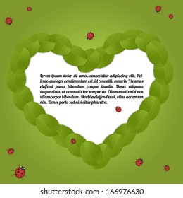 Green Leaf Heart with Ladybugs. Frame for the Text. Vector Illustration.