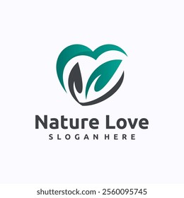 Green leaf with heart logo design template. Vegan and herbal healthcare concept. Creative vector symbol.