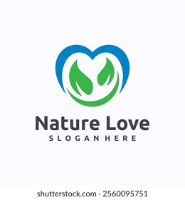 Green leaf with heart logo design template. Vegan and herbal healthcare concept. Creative vector symbol.