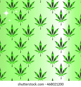 Green leaf of hemp on a green light background. Vector seamless pattern.