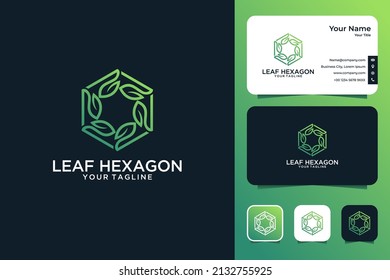 diseño del logotipo del hexágono de hoja verde y tarjeta de visita